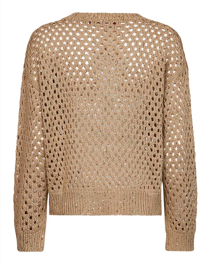 Max Mara Women's Knit Top Boxy Sequin Camel Cotton Sweater Beige