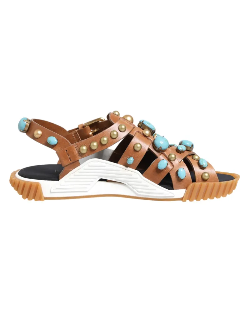 Dolce & Gabbana Men's Brown Leather Studded Slides Sandals Shoes Brown