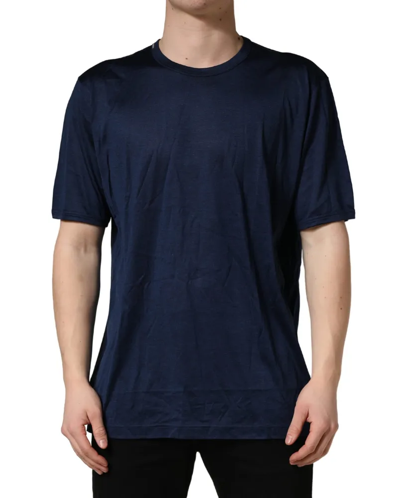 Dolce & Gabbana Men's Dark Blue Silk Short Sleeve Crewneck T-Shirt Navy