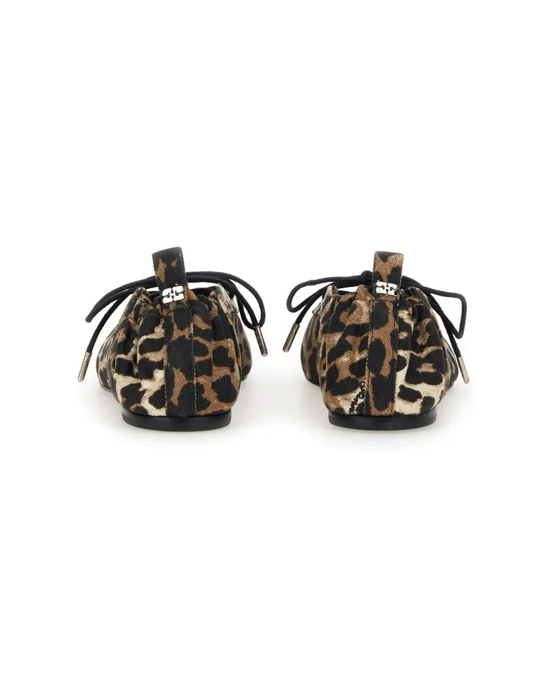 Ganni Lace-Up Animalier Organic Cotton Flat — Brown Brown