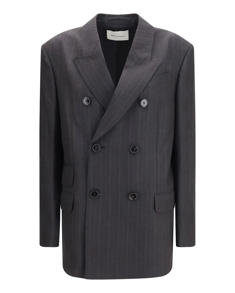 AMI Paris Striped Wool Double-Breasted Blazer — Gray Gray