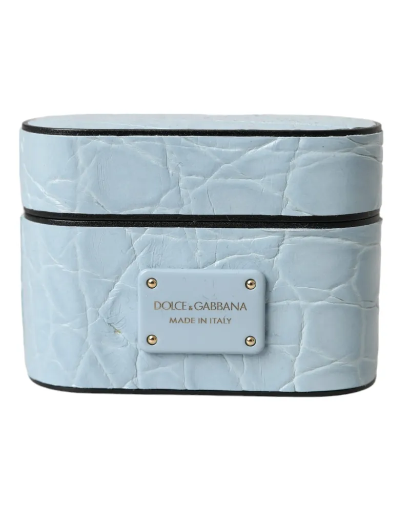Dolce & Gabbana Women's Light Blue Leather Metal Logo Plaque Airpods Case Caiman Accessory Blue