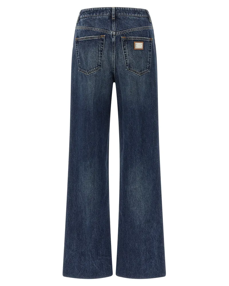 Dolce & Gabbana Logo-Plaque High-Waisted Wide-Leg Jeans — Blue Blue