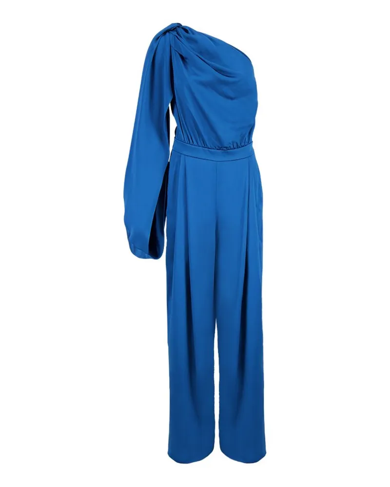 Stella McCartney One-Shoulder Draped Satin Jumpsuit — Blue Blue