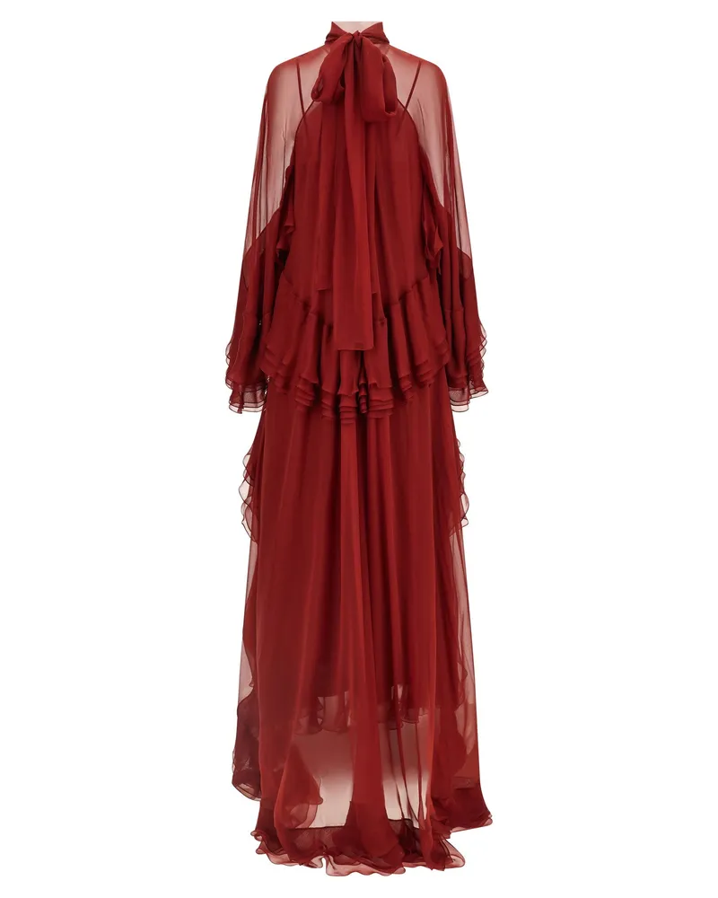 Alberta Ferretti Silk Chiffon Ruffle Dress — Burgundy Burgundy