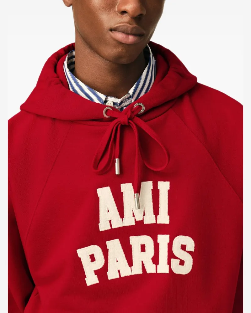 AMI Paris Logo-Embroidered Hoodie — Red Red