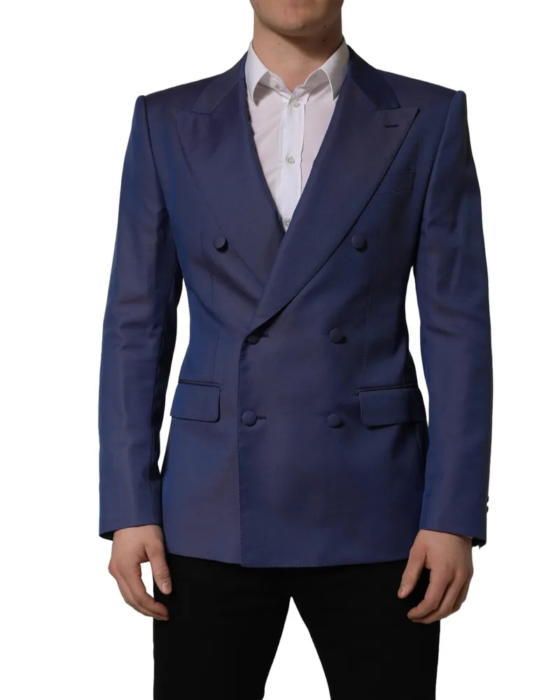 Dolce & Gabbana Blue Wool Double Breasted Men Blazer Jacket Virgin Polyester Clothing Blue