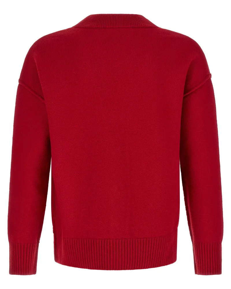 AMI Paris Embroidered Merino Wool Cardigan — Red Red