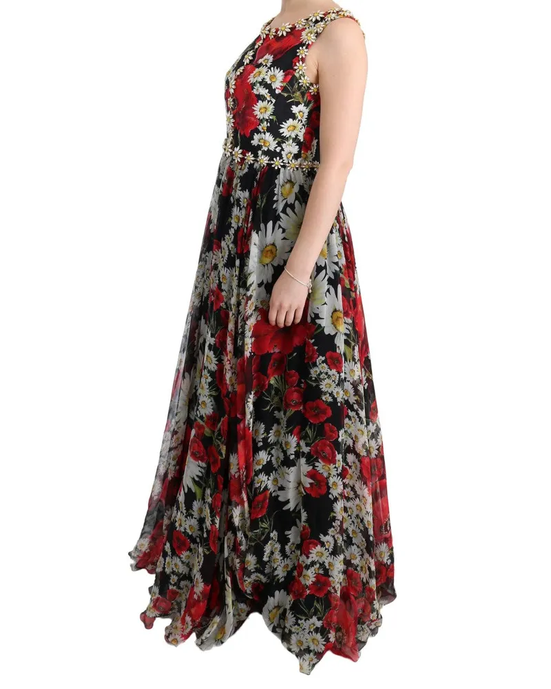 Dolce & Gabbana Women's Multicolor Silk Floral Crystal Long Maxi Dress Black