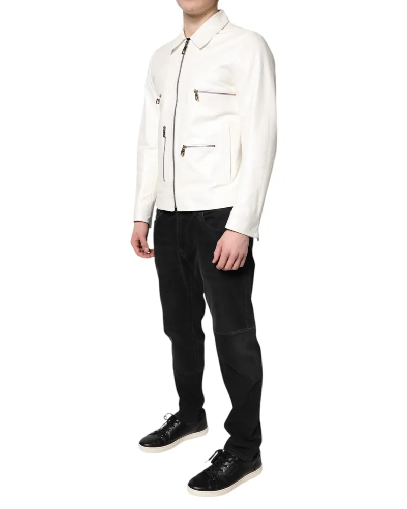 Dolce & Gabbana Sheep Leather Full-Zip Biker Jacket — White White
