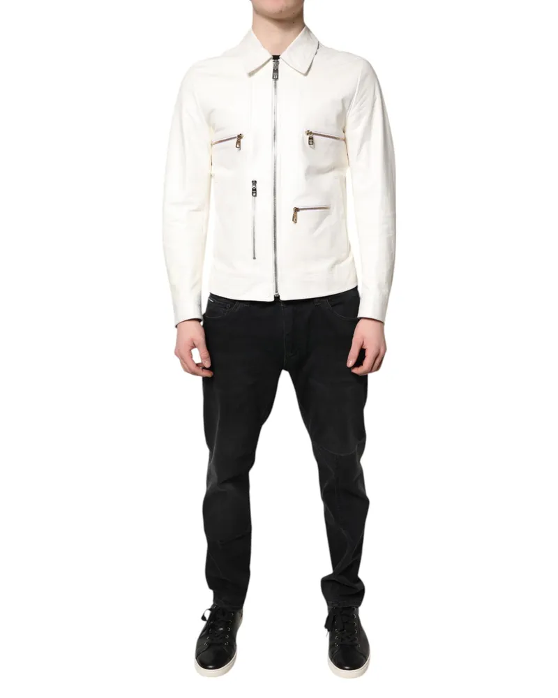 Dolce & Gabbana Men's White Collared Full Zip Biker Coat Jacket Sheep Clothing White