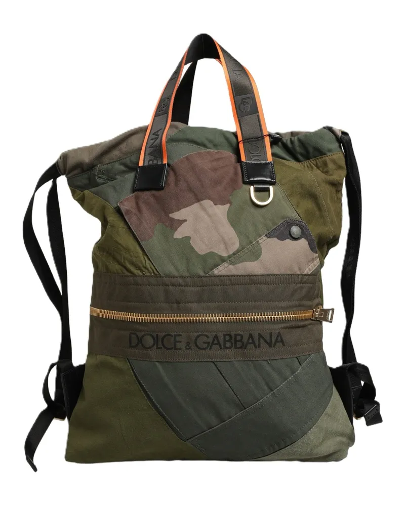 Dolce & Gabbana Men's Military Green Patchwork Backpack Cotton Nylon Calf Green