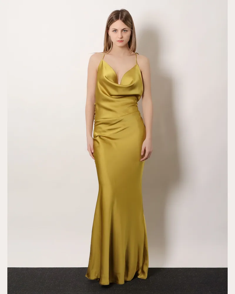 ACTUALEE Women's Long Satin Dress Yellow Polyester Yellow