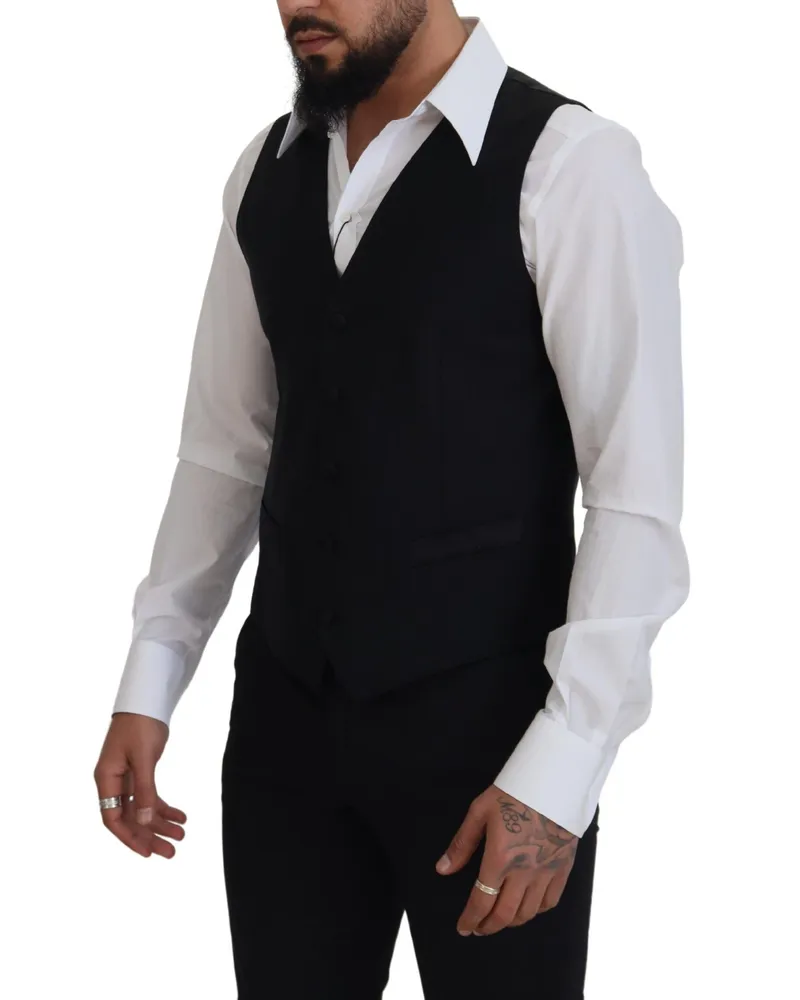 Dolce & Gabbana Men's Black Virgin Wool Waistcoat Formal Dress Vest Black