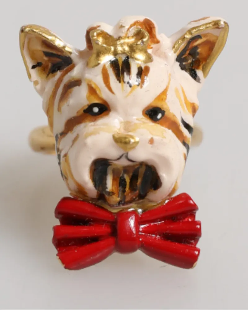 Dolce & Gabbana Women's Gold Brass Resin Beige Dog Pet Accessory Ring Gold