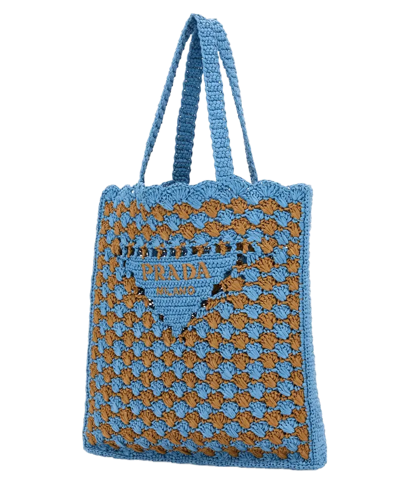 Prada Women's Two-Tone Raffia Shopping Bag Celestecaramel Exterior: Borse A Mano Blue