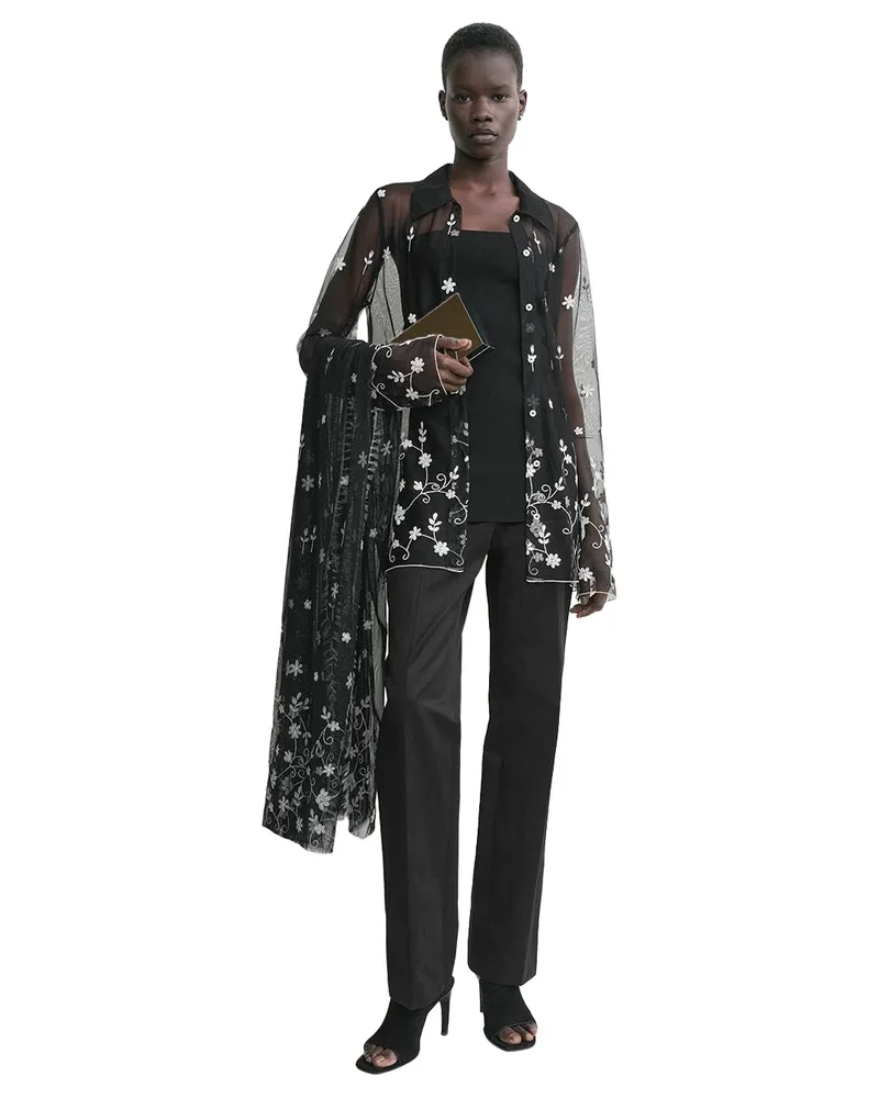 Totême Embroidered Floral Tulle Blouse — Black Black