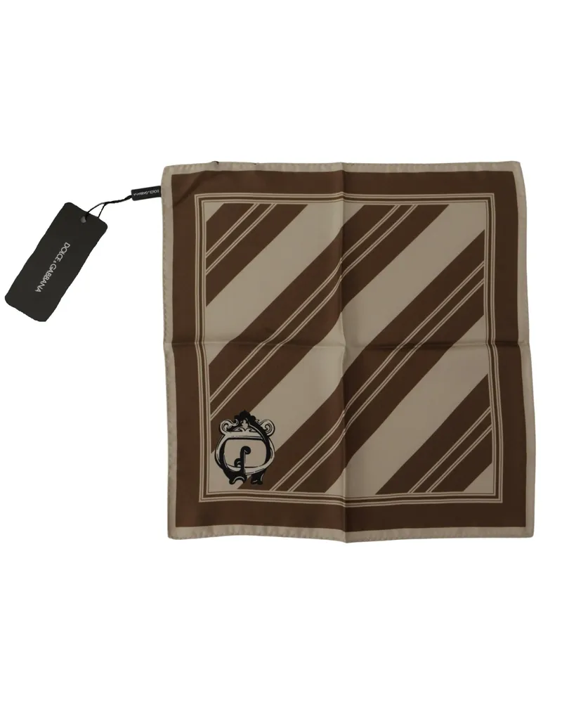 Dolce & Gabbana Brown Stripes Dg Logo Square Mens Handkerchief Scarf Silk Brown
