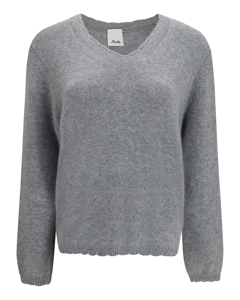 ALLUDE Superfine Cashmere V-Neck Sweater — Gray Gray