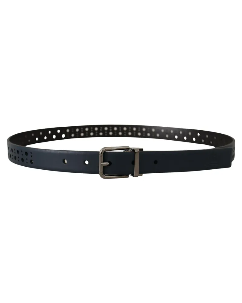 Dolce & Gabbana Men's Navy Blue Perforated Leather Skinny Metal Buckle Belt Navy