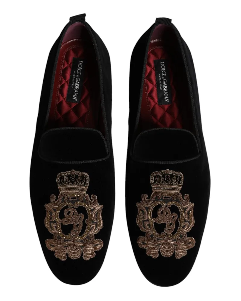 Dolce & Gabbana Black Velvet Gold Crown Mens Loafers Shoes Cotton Black