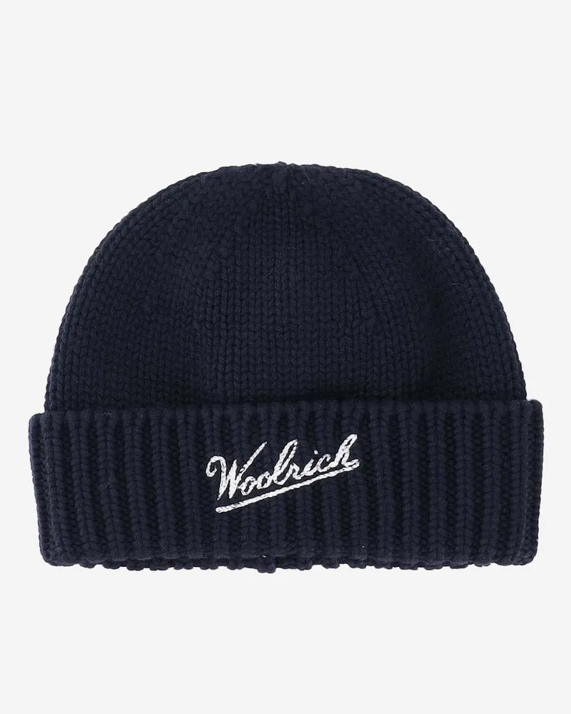 Woolrich Men's Wool Beanie With Logo Navy Virgin Hat Navy