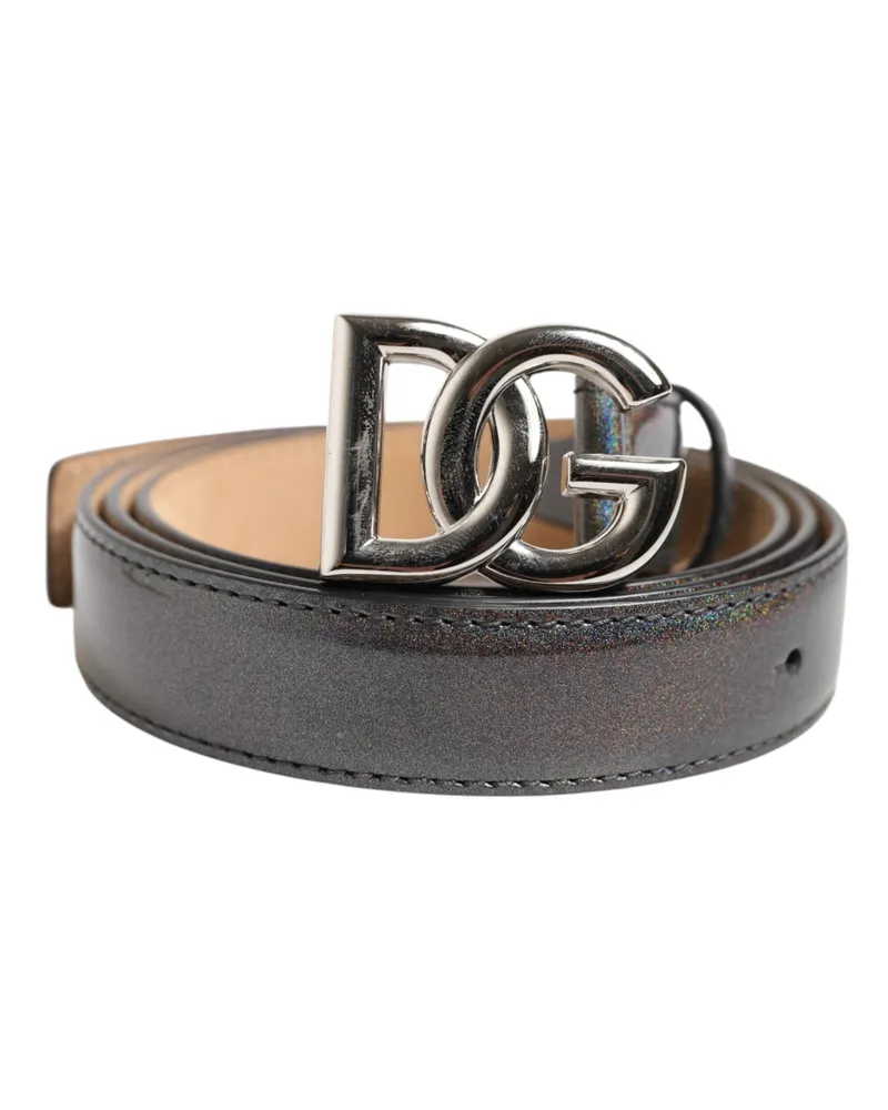 Dolce & Gabbana Men's Metallic Leather Silver Tone Logo Buckle Belt Silver