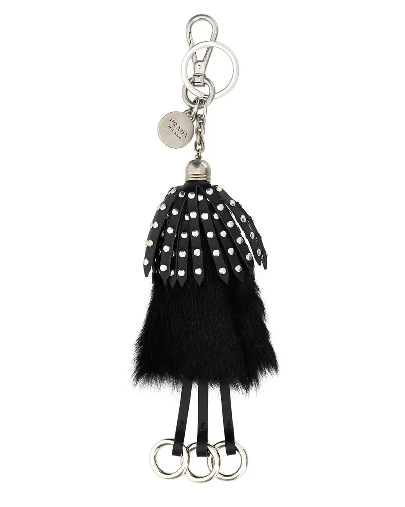 Prada Women's Black Calf Hair And Leather Keyring Nero Acciaio-Vitello-Bos Taurus Portachiavi Keychains Black