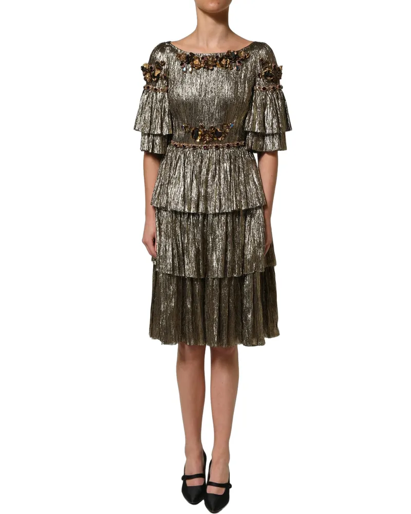 Dolce & Gabbana Women's Metallic Gold Embellished Tiered Midi Dress Gold