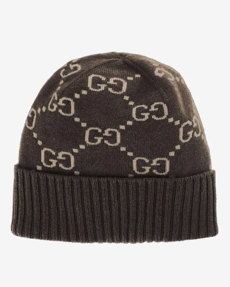 Gucci Men's Beanie Gg Cashmere Brown Hat Brown