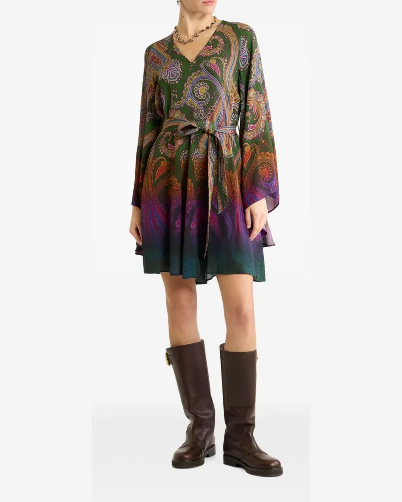 Etro Paisley Print Viscose Mini Dress — Green Green
