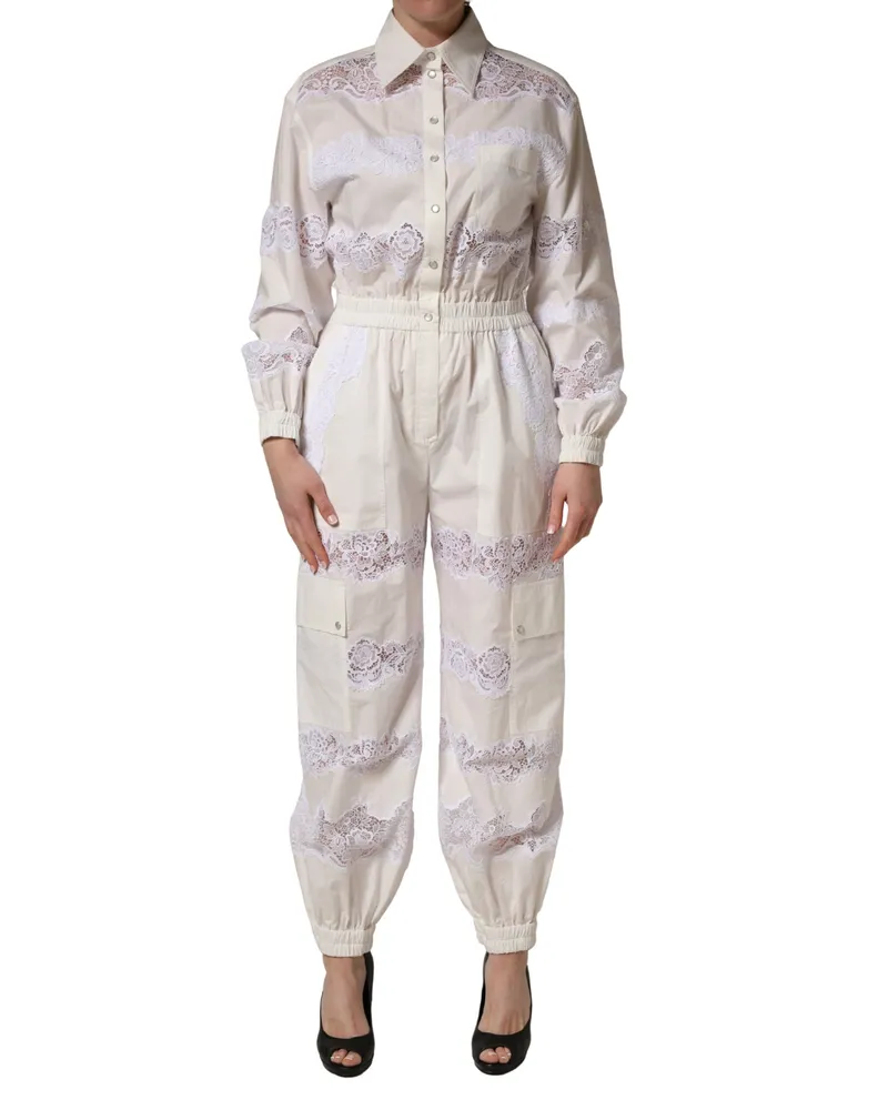 Dolce & Gabbana Women White Cotton Lace Trim Long Sleeves Jumpsuit Nylon Polyester White
