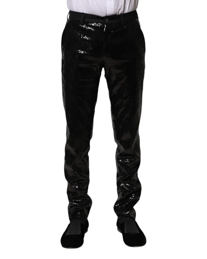 Dolce & Gabbana Men's Black Sequined Embellishment Pants Polyester Virgin Wool Black