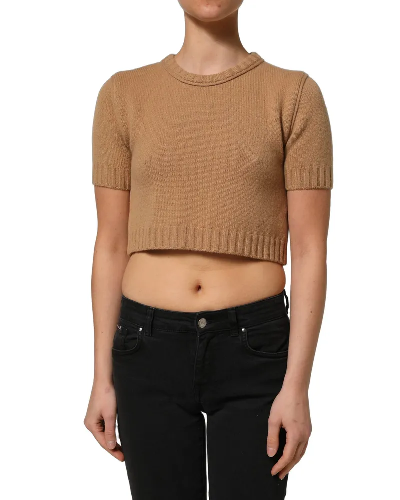 Dolce & Gabbana Women Brown Wool Short Sleeves Cropped Blouse Top Virgin Brown