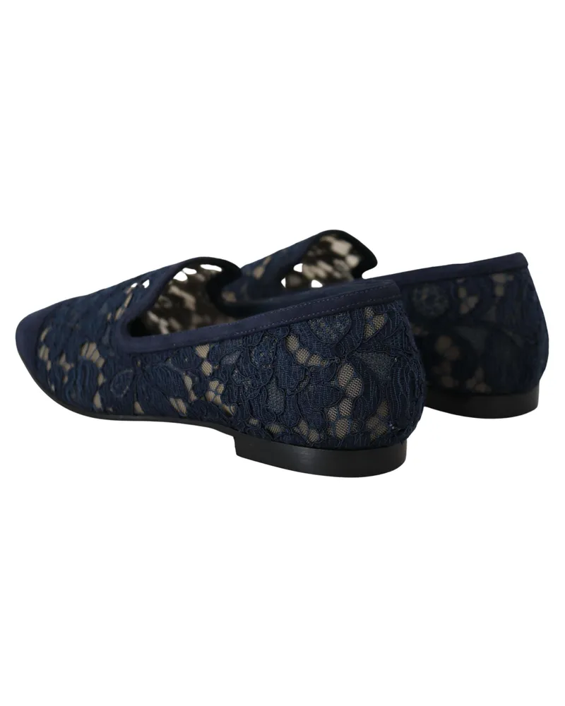 Dolce & Gabbana Women's Blue Floral Lace Slip Ons Loafers Flats Shoes Cotton Navy