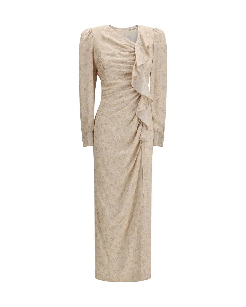 Alessandra Rich Floral Silk Draped Dress — Beige Beige