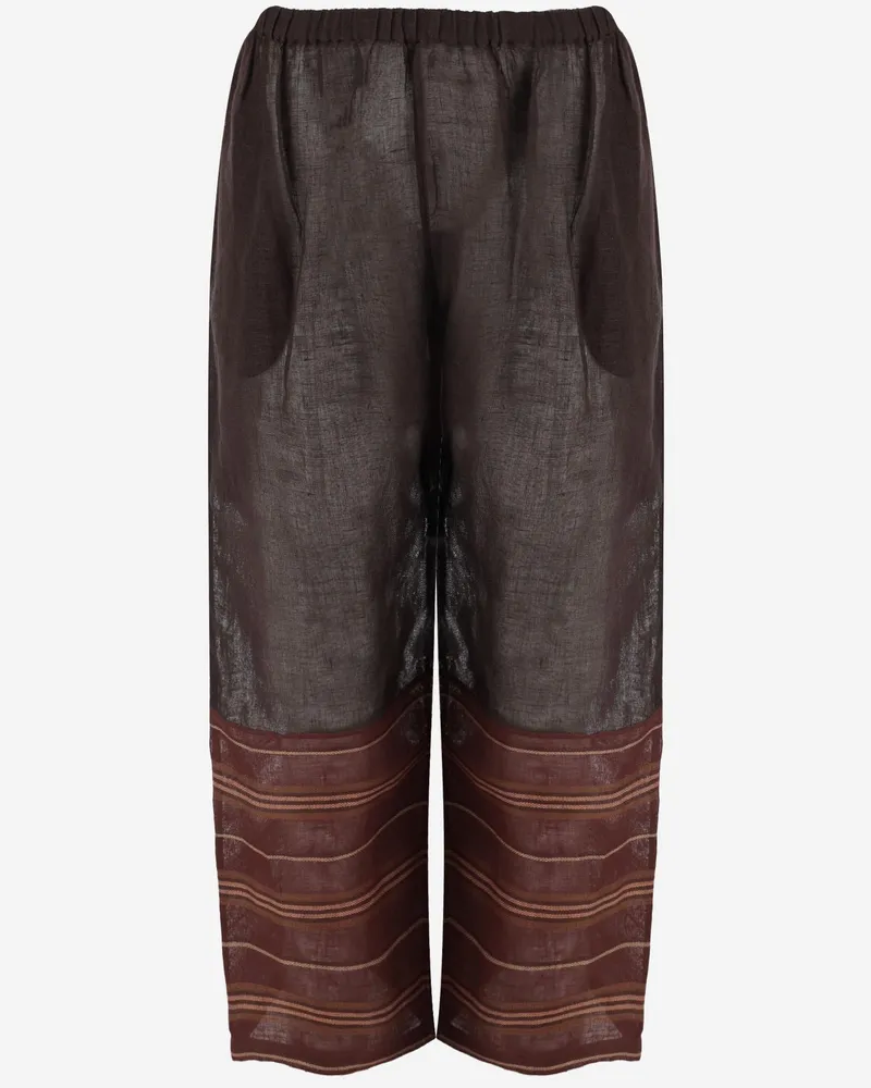 Tory Burch Women's Linen Trousers With Contrasting Details Brown Brown