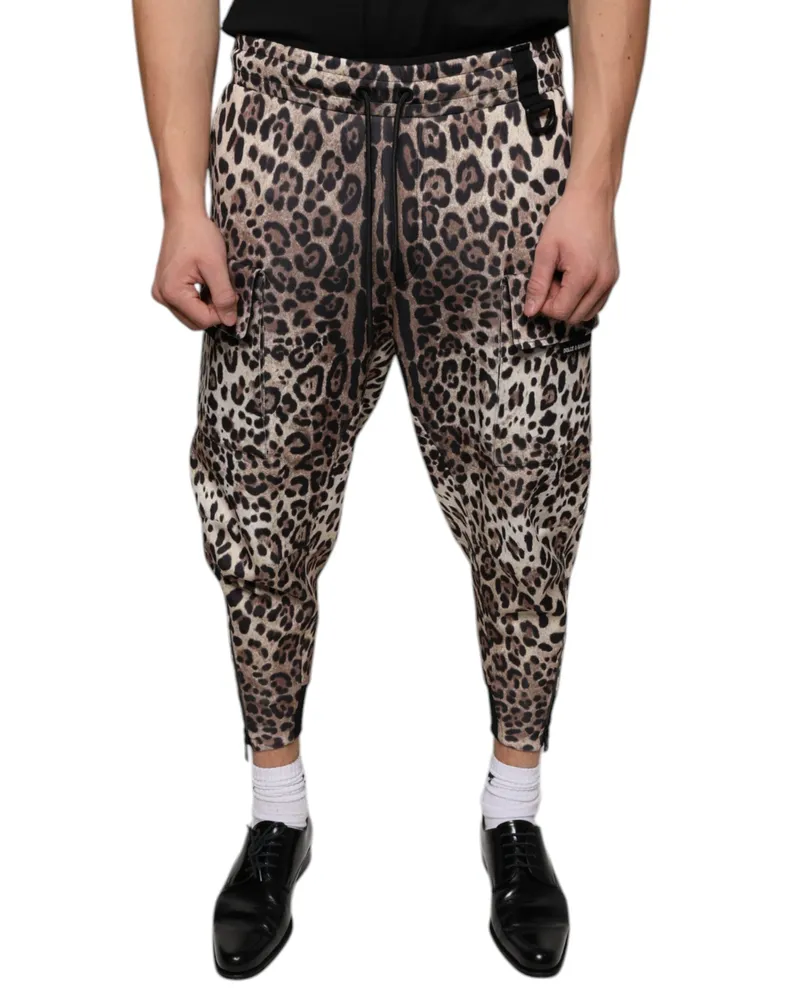 Dolce & Gabbana Men's Leopard Print Polyester Jogger Brown Elastane Cotton Brown