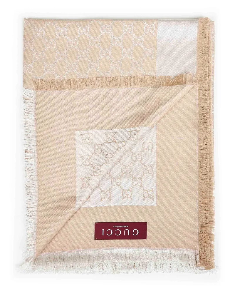 Gucci Women's Beige And White Gg Silk Wool Shawl Natural Scarf Scarfs Beige