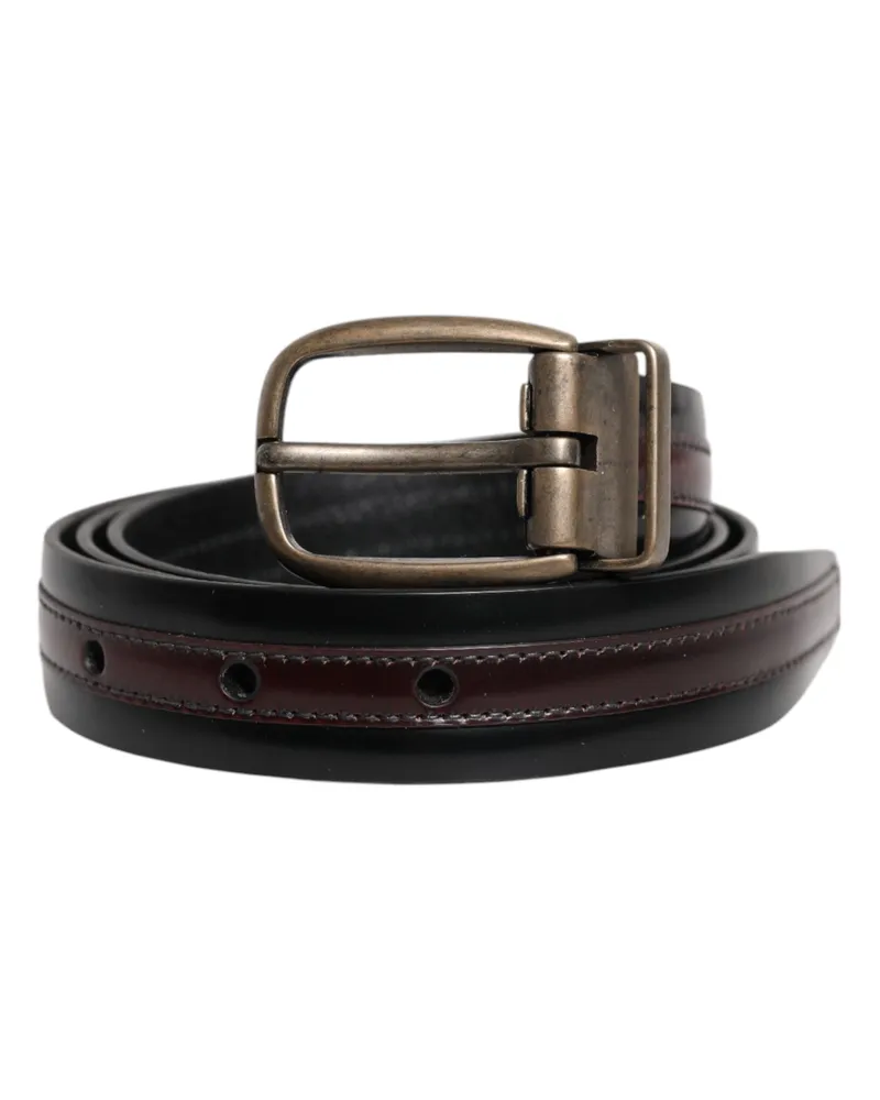 Dolce & Gabbana Men's Black Burgundy Calfskin Metal Logo Buckle Belt Calf Leather Black