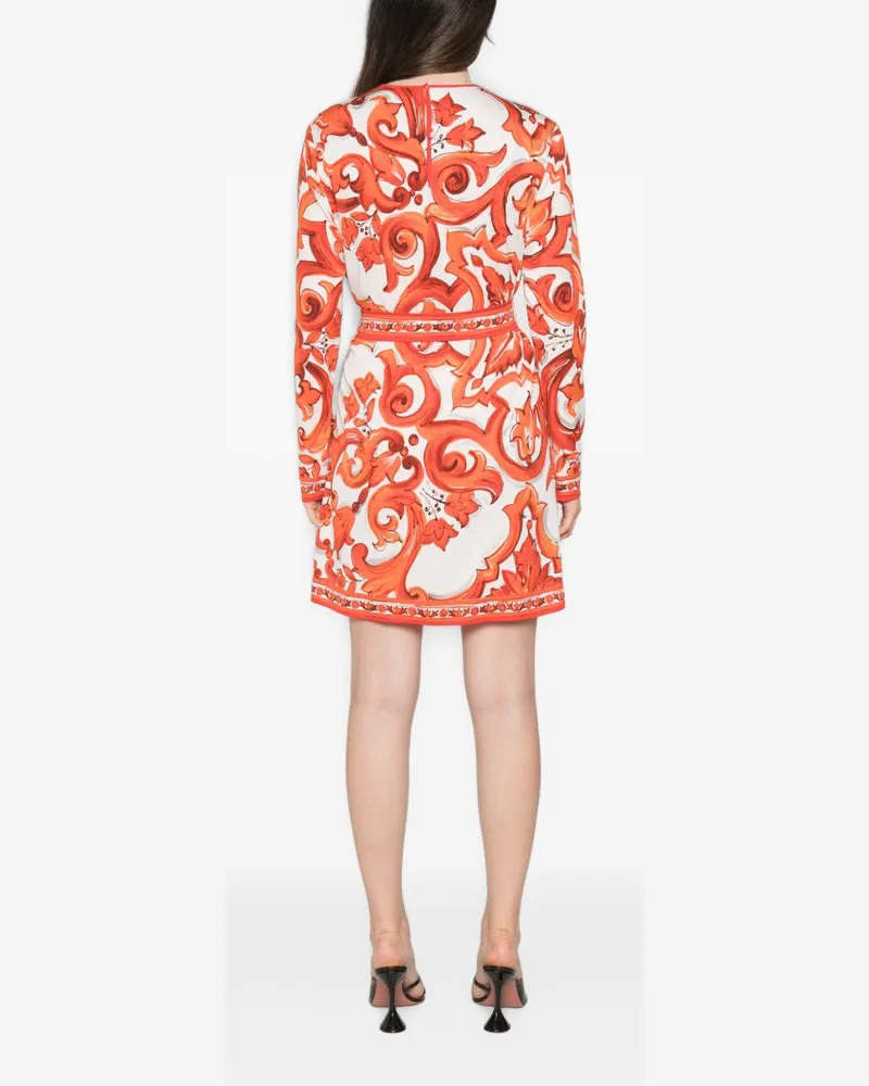 Dolce & Gabbana Baroque-Print Silk Dress — Orange Orange