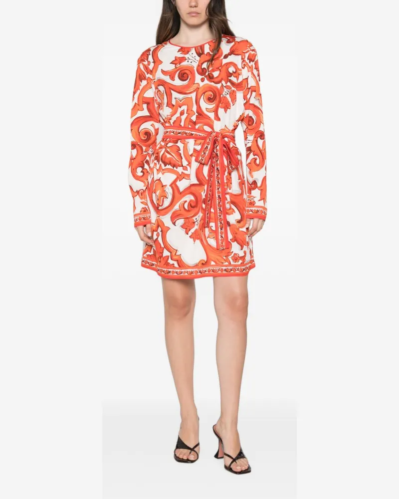 Dolce & Gabbana Baroque-Print Silk Dress — Orange Orange