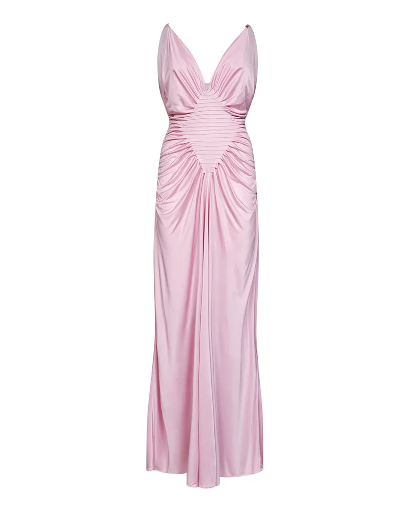 Versace Plunging V-Neck Diamond-Pleated Viscose Evening Dress — Pink Pink