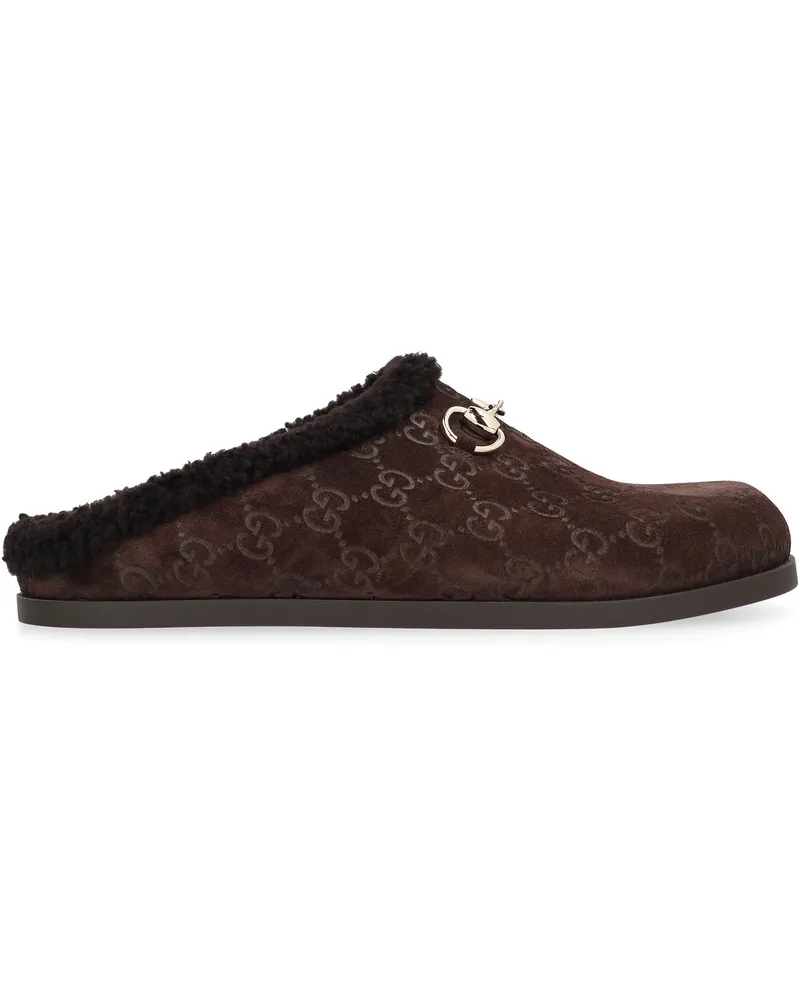 Gucci Women's Suede Sabot Brown Lamb Slippers Flat Shoes Brown