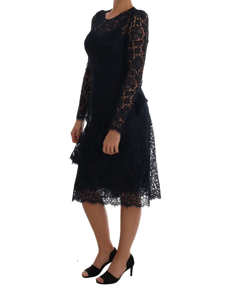 Dolce & Gabbana Women Blue Taormina Floral Lace Sheath Dress Black Cotton Black