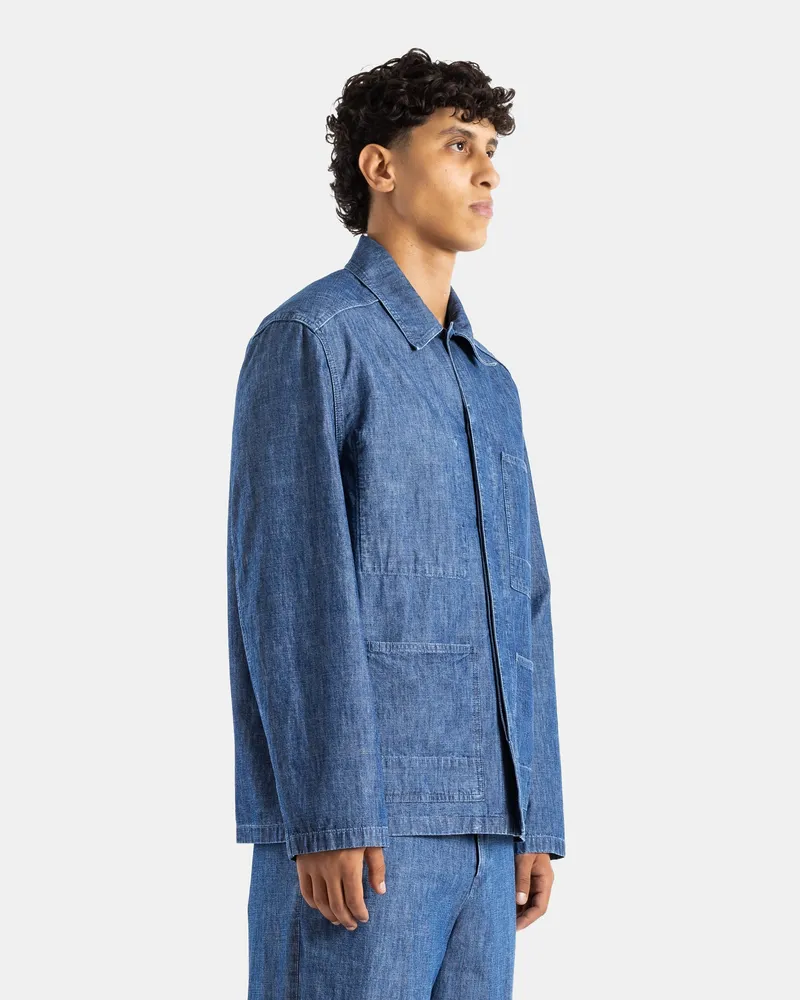 Jil Sander Men's Washed Indigo Cotton Chambray Jacket With Four Patch Pockets Blue Blue
