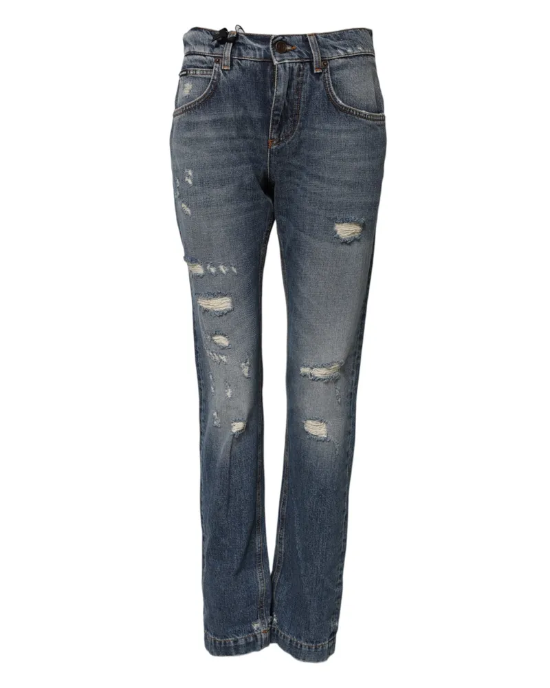 Dolce & Gabbana Women's Blue Cotton Boyfriend Tattered Denim Jeans Clothing Blue
