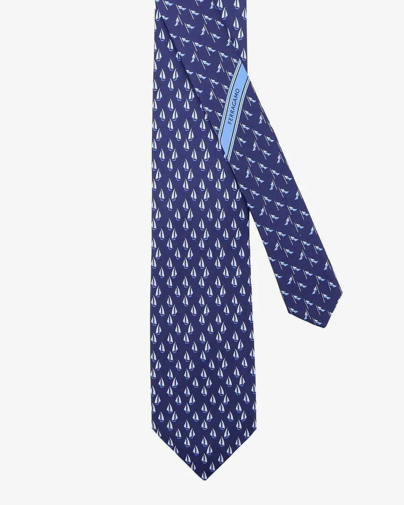 Ferragamo Men's Silk Tie Catamarano Blue Ties & Bow Blue