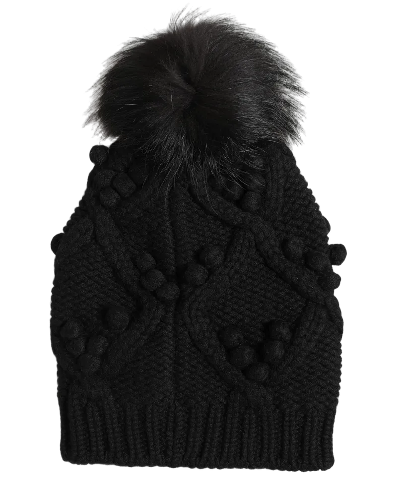 Dolce & Gabbana Women's Black Cashmere Knitted Fur Pom-Pom Beanie Hat Black