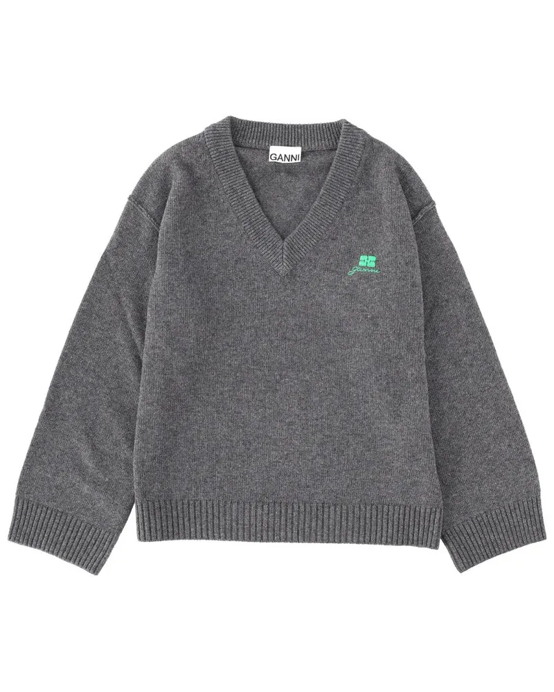 Ganni Logo Wool Blend Sweater — Gray Gray